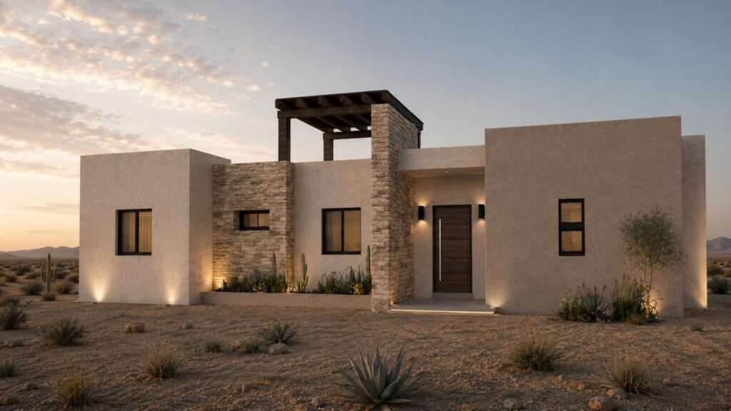 La Paz Villas Del Centenario Casa Coromuel takes its name from the coastal spirit of Playa El Coromuel, bringing a sense of ocean breeze, light, and relaxed Baja living into the home.It is a thoughtfully designed 3BR/2BA residence with a modern architectural style, offering 159.28 m² (1,714.47 sq ft) of interior living space plus a 34.70 m² (373.50 sq ft) covered terrace for seamless indoor-outdoor living. A warm earth-toned finish with a stone entry detail welcomes you into an open-concept living area with 10-foot ceilings and sliding glass doors that open to the outdoor space. The home also features a 23.10 m² rooftop pergola, a 4 m² storage room, a 10,000 L water cistern, a 300 L gas tank and a 3,500 L biodigester, complemented by a greywater absorption pit with approximately 5,000 L capacity. The primary suite features walk-in closets, dual vanities and a marble-tiled shower in the bathroom. Two guest bedrooms, a full bath, laundry room, A/C units and ceiling fans complete the layout. Quality finishes include ceramic tile flooring throughout, stained alder wood cabinetry, quartz kitchen countertops, marble bathroom vanities, natural stone exterior accents and a steel-beam rooftop pergola.The listed price includes the lot and base home only. Optional upgrades are available at an additional cost, including a 10 ft x 15 ft pool, 10 ft x 20 ft pool, 10 ft x 21 ft pool and spa package, 1-car or 2-car garages and a garage with casita option. Estimated construction time is approximately 9-12 months. Villas del Centenario is a private master-planned community with gated access, paved roads, underground utilities (CFE electricity, municipal water and Telmex fiber optic internet) and shared amenities including a clubhouse/gym, BBQ area and pickleball courts. Neighborhood fees are currently MXN – 8011 Villas del Centenario, La Paz, La Paz, BS