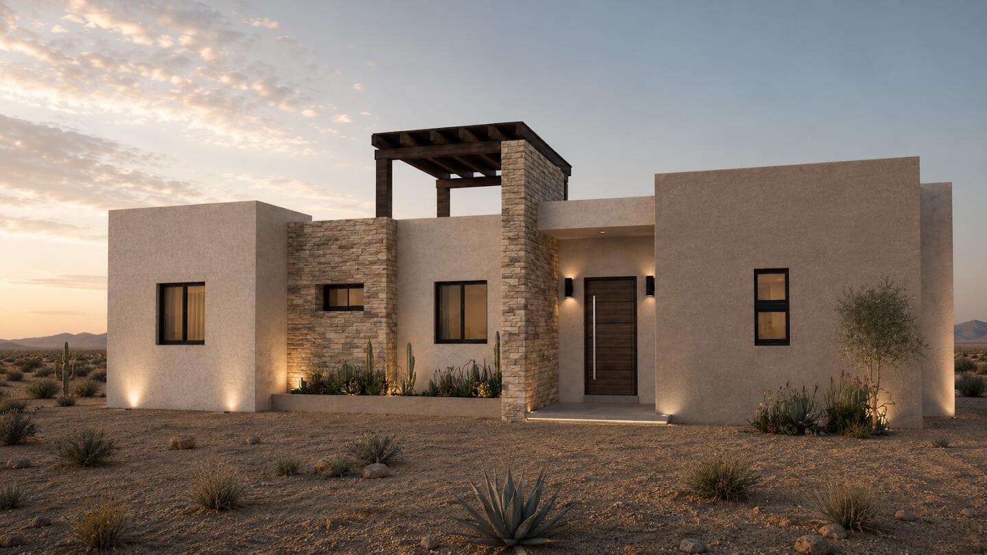 La Paz Villas Del Centenario Casa Coromuel takes its name from the coastal spirit of Playa El Coromuel, bringing a sense of ocean breeze, light, and relaxed Baja living into the home.It is a thoughtfully designed 3BR/2BA residence with a modern architectural style, offering 159.28 m² (1,714.47 sq ft) of interior living space plus a 34.70 m² (373.50 sq ft) covered terrace for seamless indoor-outdoor living. A warm earth-toned finish with a stone entry detail welcomes you into an open-concept living area with 10-foot ceilings and sliding glass doors that open to the outdoor space. The home also features a 23.10 m² rooftop pergola, a 4 m² storage room, a 10,000 L water cistern, a 300 L gas tank and a 3,500 L biodigester, complemented by a greywater absorption pit with approximately 5,000 L capacity. The primary suite features walk-in closets, dual vanities and a marble-tiled shower in the bathroom. Two guest bedrooms, a full bath, laundry room, A/C units and ceiling fans complete the layout. Quality finishes include ceramic tile flooring throughout, stained alder wood cabinetry, quartz kitchen countertops, marble bathroom vanities, natural stone exterior accents and a steel-beam rooftop pergola.The listed price includes the lot and base home only. Optional upgrades are available at an additional cost, including a 10 ft x 15 ft pool, 10 ft x 20 ft pool, 10 ft x 21 ft pool and spa package, 1-car or 2-car garages and a garage with casita option. Estimated construction time is approximately 9-12 months. Villas del Centenario is a private master-planned community with gated access, paved roads, underground utilities (CFE electricity, municipal water and Telmex fiber optic internet) and shared amenities including a clubhouse/gym, BBQ area and pickleball courts. Neighborhood fees are currently MXN – 8011 Villas del Centenario, La Paz, La Paz, BS